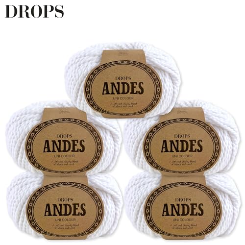 Frida's Wollhaus Drops 5 x 100 g Andes Stricken Häkeln Alpaka Schurwolle Alpaca Garn 28 Farben (1101 | Weiß | Uni) von Frida's Wollhaus