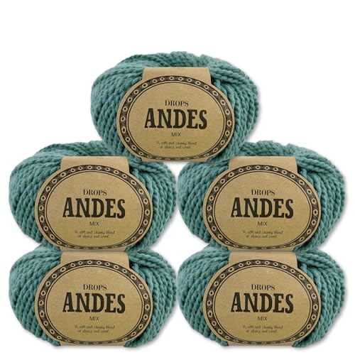 Frida's Wollhaus Drops 5 x 100 g Andes Stricken Häkeln Alpaka Schurwolle Alpaca Garn 28 Farben (7130 | Meeresgrün | Mix) von Frida's Wollhaus