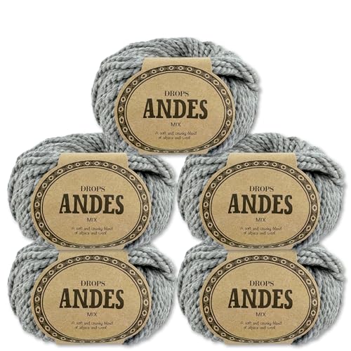 Frida's Wollhaus Drops 5 x 100 g Andes Stricken Häkeln Alpaka Schurwolle Alpaca Garn 28 Farben (9015 | Grau | Mix) von Frida's Wollhaus