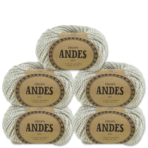 Frida's Wollhaus Drops 5 x 100 g Andes Stricken Häkeln Alpaka Schurwolle Alpaca Garn 28 Farben (9020 | Hellgrau | Mix) von Frida's Wollhaus