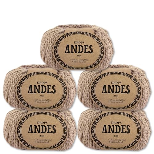 Frida's Wollhaus Drops 5 x 100 g Andes Stricken Häkeln Alpaka Schurwolle Alpaca Garn 28 Farben (9024 | Erdnuss | Mix) von Frida's Wollhaus