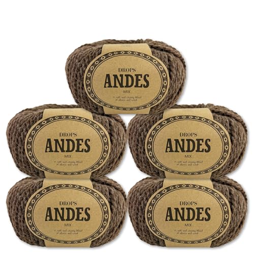 Frida's Wollhaus Drops 5 x 100 g Andes Stricken Häkeln Alpaka Schurwolle Alpaca Garn 28 Farben (9026 | Mittelbraun | Mix) von Frida's Wollhaus