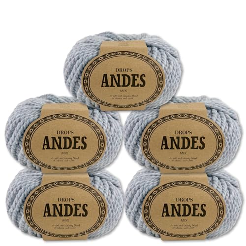 Frida's Wollhaus Drops 5 x 100 g Andes Stricken Häkeln Alpaka Schurwolle Alpaca Garn 28 Farben (9027 | Nebel | Mix) von Frida's Wollhaus