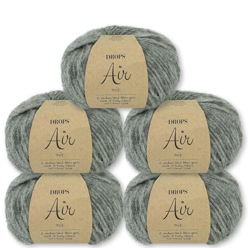 Frida's Wollhaus Drops 5 x 50 g Air Stricken Häkeln Alpaka Schurwolle Alpaca Superweich 50 Farben (04 | Mittelgrau Mix) von Frida's Wollhaus