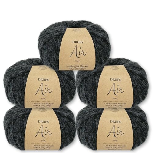 Frida's Wollhaus Drops 5 x 50 g Air Stricken Häkeln Alpaka Schurwolle Alpaca Superweich 50 Farben (06 | Anthrazit Mix) von Frida's Wollhaus