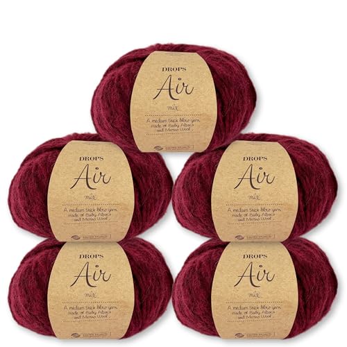 Frida's Wollhaus Drops 5 x 50 g Air Stricken Häkeln Alpaka Schurwolle Alpaca Superweich 50 Farben (07 | Rubinrot Mix) von Frida's Wollhaus