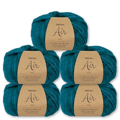 Frida's Wollhaus Drops 5 x 50 g Air Stricken Häkeln Alpaka Schurwolle Alpaca Superweich 50 Farben (11 | Pfauenblau Mix) von Frida's Wollhaus