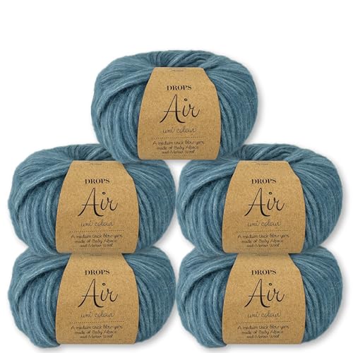 Frida's Wollhaus Drops 5 x 50 g Air Stricken Häkeln Alpaka Schurwolle Alpaca Superweich 50 Farben (17 | Jeansblau Uni) von Frida's Wollhaus