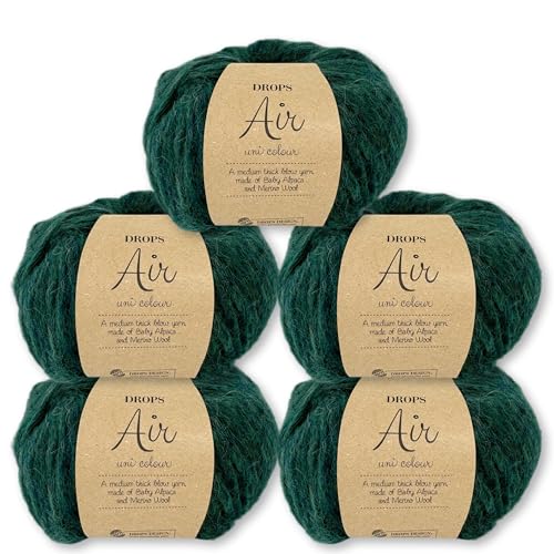 Frida's Wollhaus Drops 5 x 50 g Air Stricken Häkeln Alpaka Schurwolle Alpaca Superweich 50 Farben (19 | Waldgrün Uni) von Frida's Wollhaus