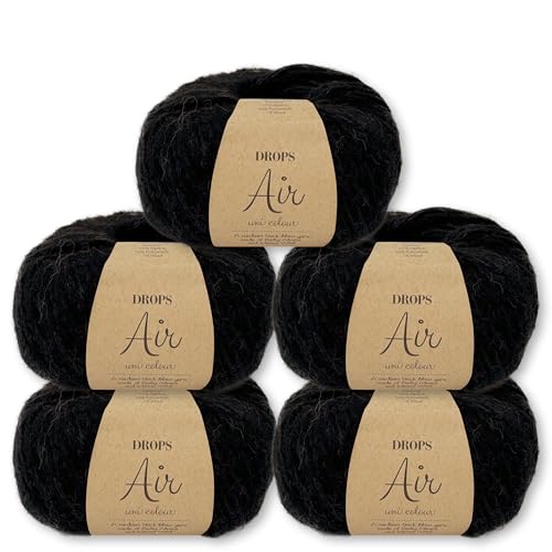 Frida's Wollhaus Drops 5 x 50 g Air Stricken Häkeln Alpaka Schurwolle Alpaca Superweich 50 Farben (31 | Schwarz Uni) von Frida's Wollhaus