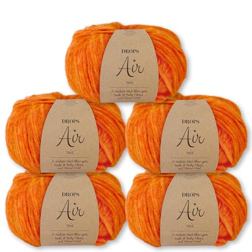 Frida's Wollhaus Drops 5 x 50 g Air Stricken Häkeln Alpaka Schurwolle Alpaca Superweich 50 Farben (38 | Elektrisches Orange Mix) von Frida's Wollhaus