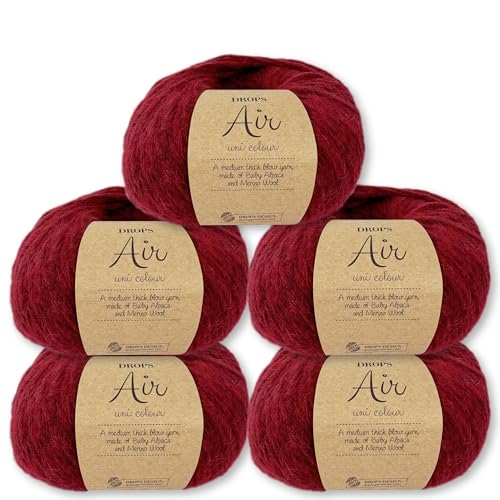 Frida's Wollhaus Drops 5 x 50 g Air Stricken Häkeln Alpaka Schurwolle Alpaca Superweich 50 Farben (44 | Karminrot Uni) von Frida's Wollhaus