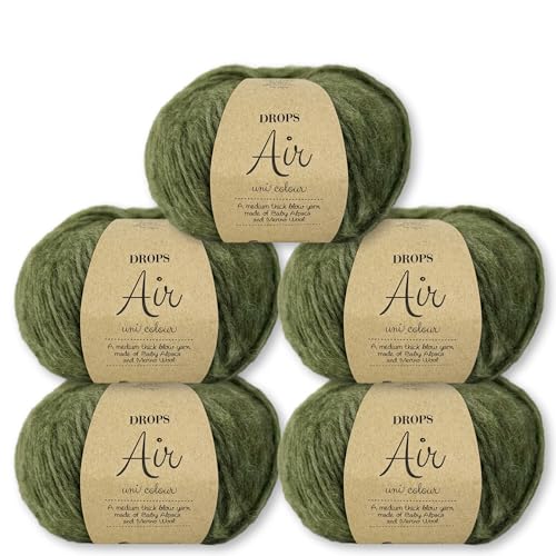 Frida's Wollhaus Drops 5 x 50 g Air Stricken Häkeln Alpaka Schurwolle Alpaca Superweich 50 Farben (48 | Antikgrün Uni) von Frida's Wollhaus