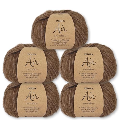 Frida's Wollhaus Drops 5 x 50 g Air Stricken Häkeln Alpaka Schurwolle Alpaca Superweich 50 Farben (49 | Eichel Uni) von Frida's Wollhaus