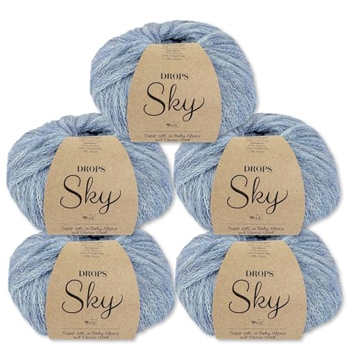 Frida's Wollhaus Drops 5 x 50 g Sky Stricken Häkeln Alpaca Schurwolle Alpaka Superweich 31 Farben (13 | Hell Jeansblau Mix) von Frida's Wollhaus