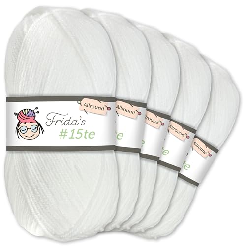 Frida's Wollhaus Frida's 5 x 100 g #15te Allround Basic Garn Babygarn Wolle Stricken Häkeln weich 45 Farben (150 | Weiß) von Frida's Wollhaus