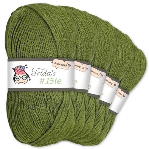 Frida's Wollhaus Frida's 5 x 100 g #15te Allround Basic Garn Babygarn Wolle Stricken Häkeln weich 45 Farben (39 | Oliv) von Frida's Wollhaus