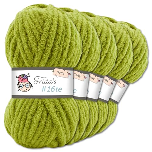 Frida's Wollhaus Frida‘s 5 x 100 g #16te Softy Chenille Wolle Stricken Häkeln weich 35 Farben (011 | Hellgrün) von Frida's Wollhaus