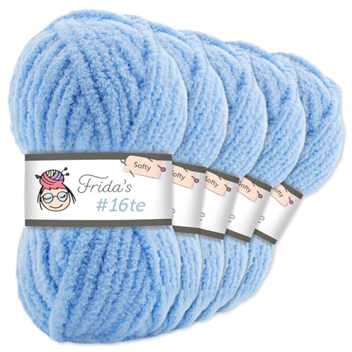 Frida's Wollhaus Frida‘s 5 x 100 g #16te Softy Chenille Wolle Stricken Häkeln weich 35 Farben (040 | Hellblau) von Frida's Wollhaus