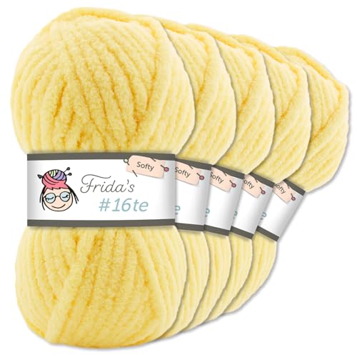 Frida's Wollhaus Frida‘s 5 x 100 g #16te Softy Chenille Wolle Stricken Häkeln weich 35 Farben (187 | Hellgelb) von Frida's Wollhaus