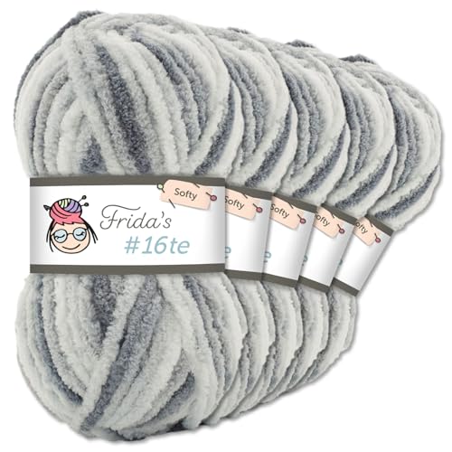 Frida's Wollhaus Frida‘s 5 x 100 g #16te Softy Chenille Wolle Stricken Häkeln weich 35 Farben (5925 | Graumix) von Frida's Wollhaus