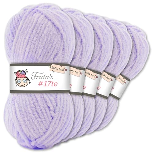 Frida's Wollhaus Frida‘s 5 x 100 g #17te Softy Fine Chenille Wolle Stricken Häkeln weich 29 Farben (146 | Helllila) von Frida's Wollhaus