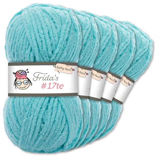 Frida's Wollhaus Frida‘s 5 x 100 g #17te Softy Fine Chenille Wolle Stricken Häkeln weich 29 Farben (263 | Türkisblau) von Frida's Wollhaus