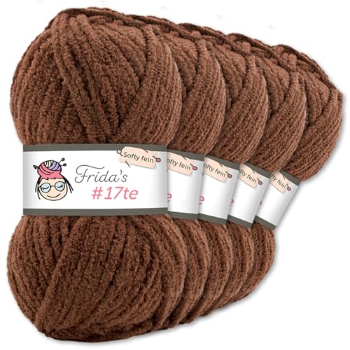 Frida's Wollhaus Frida‘s 5 x 100 g #17te Softy Fine Chenille Wolle Stricken Häkeln weich 29 Farben (321 | Braun) von Frida's Wollhaus