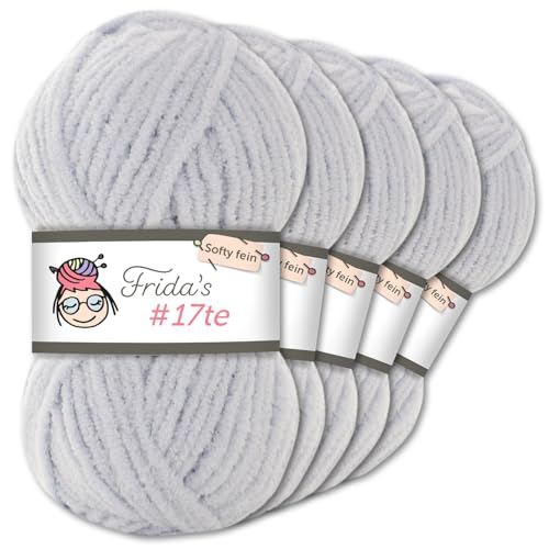 Frida's Wollhaus Frida‘s 5 x 100 g #17te Softy Fine Chenille Wolle Stricken Häkeln weich 29 Farben (500 | Nebelblau) von Frida's Wollhaus