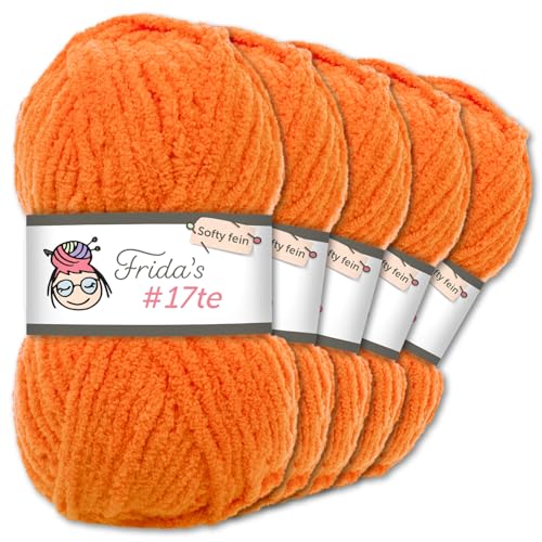 Frida's Wollhaus Frida‘s 5 x 100 g #17te Softy Fine Chenille Wolle Stricken Häkeln weich 29 Farben (6 | Orange) von Frida's Wollhaus