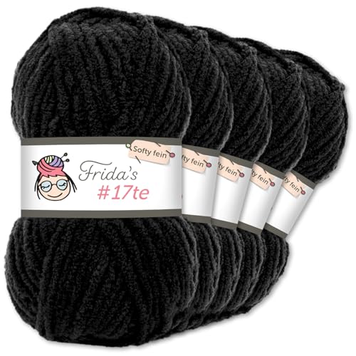 Frida's Wollhaus Frida‘s 5 x 100 g #17te Softy Fine Chenille Wolle Stricken Häkeln weich 29 Farben (60 | Schwarz) von Frida's Wollhaus