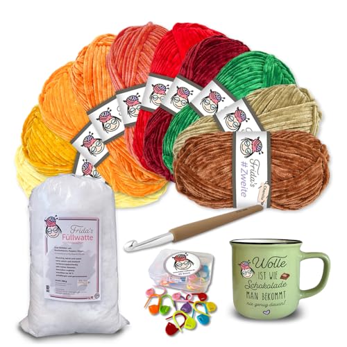 Frida's Wollhaus Frida's Garn-Set Herbst 34-teilig #Zweite Chenillegarn Wolle Tasse Häkelnadel Maschenmarkierer Füllwatte von Frida's Wollhaus