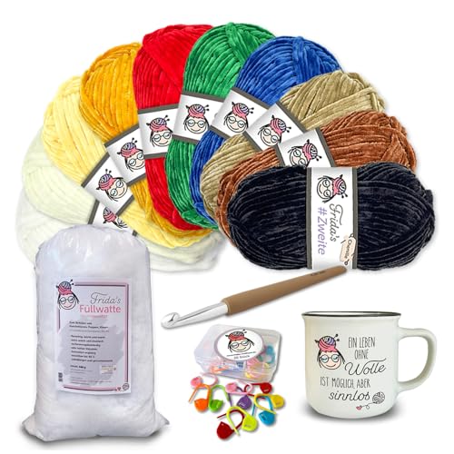 Frida's Wollhaus Frida's Garn-Set Sommer 34-teilig #Zweite Chenillegarn Wolle Tasse Häkelnadel Maschenmarkierer Füllwatte von Frida's Wollhaus