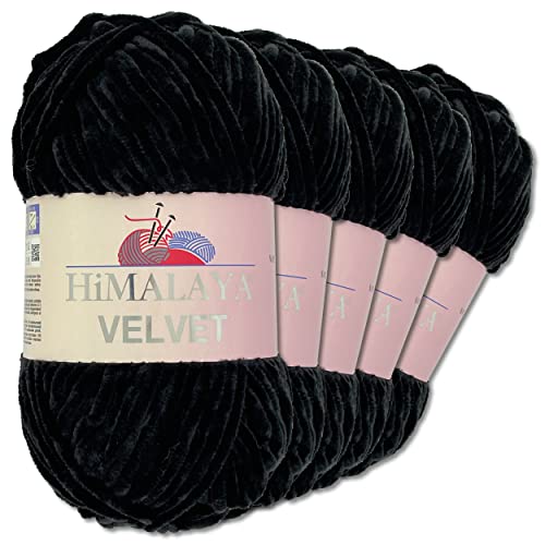 Frida's Wollhaus Himalaya 5 x 100 g Velvet Chenille-Wolle Handarbeit Amigurumi 42 Farben (90011 | Schwarz) von Frida's Wollhaus