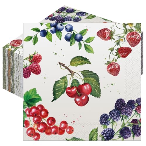 Frienda Cocktail-Servietten, Früchte, gemischte Beeren, Getränke-Servietten, 12,7 x 12,7 cm, Frühlings- und Sommerfrüchte, Einweg-Papierservietten, dekorative Dinner-Servietten für Zuhause, von Frienda