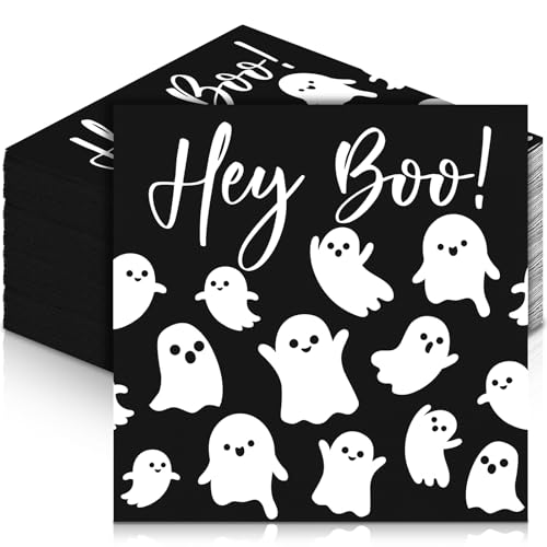 Frienda Hey Boo Einweg-Papierservietten, gruselige weiße Geister-Servietten, dekorative Dessert-Servietten für Halloween, Zuhause, Tischparty, 16,5 x 16,5 cm, 60 Stück von Frienda