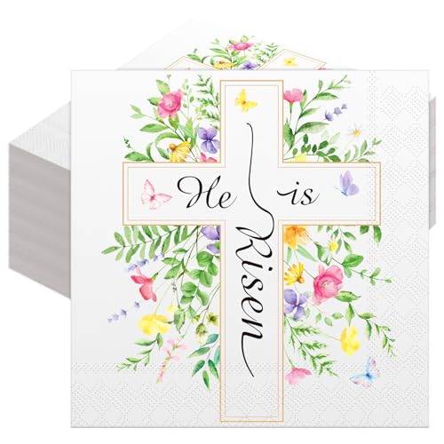 Frienda Papierservietten mit Aufschrift "He Is Risen", Einweg-Servietten, Blumenmuster, Schmetterling, Abendessen, Papierhandtücher, dekorative Dessert-Gästetücher für Zuhause, Tischparty, 16,5 x 16,5 von Frienda