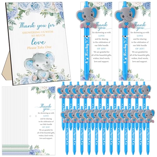 Frienda Set mit 50 kleinen Elefanten für Babypartys für Gäste, inklusive Holzschild, 50 Baby-Kugelschreiber, 50 Elefanten-Dankeskarten mit Bindebändern für Geschlechtsoffenbarung, Party, Babyparty, von Frienda