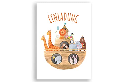 Friendly Fox Einladungskarte Arche Noah Einladung Klappkarte, 12x DIN A6 Einladung zur Taufe oder Geburtstag, Set aus Einladungskarten mit Umschlag von Friendly Fox