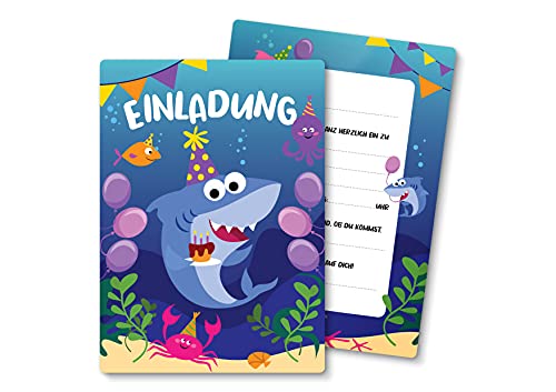 Friendly Fox Shark Einladungskarten Geburtstag, 12 Einladungen zum Kindergeburtstag Hai, DIN A6 Einladung mit Umschlag von Friendly Fox