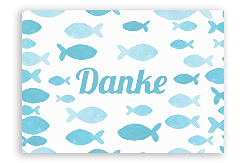 Friendly Fox Dankeskarten Fische, Danke Taufe Konfirmation Kommunion, 12 Dankeschön Karten, Blanko Klappkarten mit blauen Fischen, Karte Danke Set von Friendly Fox