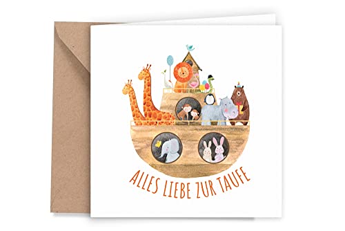 Friendly Fox Karte zur Taufe "Arche Noah", 1x quadratische Taufkarte mit Umschlag, zur Taufe Arche Noah, Klappkarte von Friendly Fox