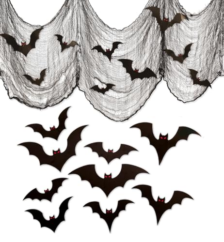 🦇 Halloween Deko Set – Schwarzer Dekostoff mit 9 Fledermäusen mit Roten Augen von Fries