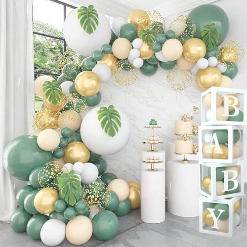 Babyparty Deko Grün, 111Stück Luftballon Girlande Grün Gold White mit Baby Box, Buchstaben(BABY), Ballon Girlande Grün für Junge Mädchen Baby Party Dekoration, Dschungel Safari Party Deko, Babyshower von Frigg