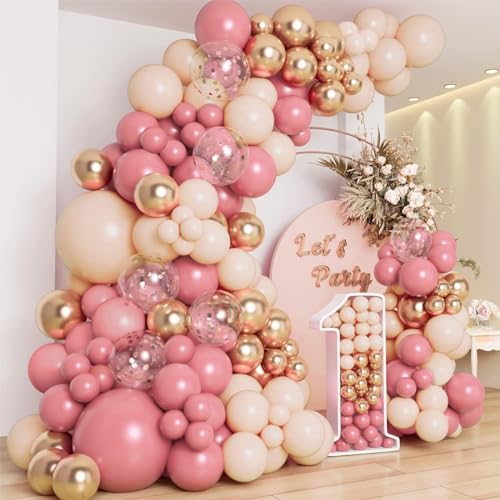 Luftballon Girlande Rosa, 109 Stück Ballon Girlande mit Luftballons Rosa, Weiche Orangefarbene und Gold, Rosa gold Ballons für Babyparty Deko, Geburtstagsdeko Mädchen, Hochzeit, Baby Shower, Taufe von Frigg