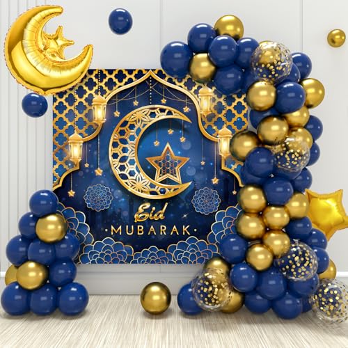 Blau und Gold Eid Mubarak Ballons Set, Eid Mubarak Dekoration - 70 Stück Blau Gold Ballons und 'Eid Mubarak' Hintergrund Banner, Ramadan ballons für Ramadan Dekoration 2025 und Eid Mubarak Feier von Frigg