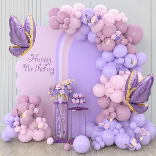 Frigg Lila Luftballons Girlande, 133 Stück Lila Rosa Ballon Girlande Kit mit Schmetterling Luftballon, Purple Ballongirlande für Schmetterling Deko Geburtstag Mädchen, Baby Shower, Hochzeit, Babyparty von Frigg