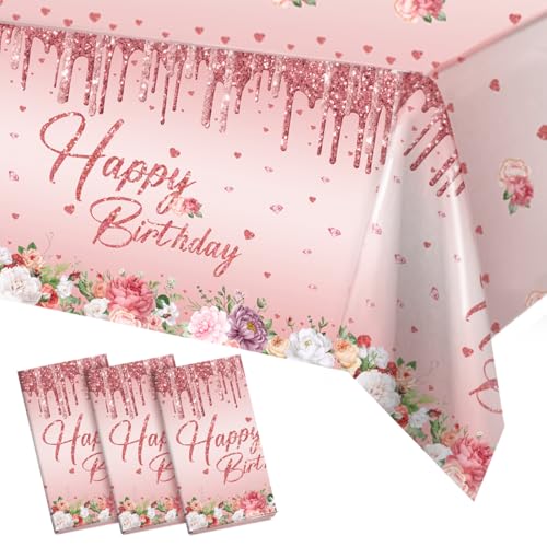 Geburtstagsparty Tischtuch Set, 220x130cm, 3 Stück, Rose Gold Floral Design Happy Birthday Tischdecke, Party Tischdecke Pink für Happy Birthday Deko, Geburtstagsdeko Mädchen, Babyparty von Frigg