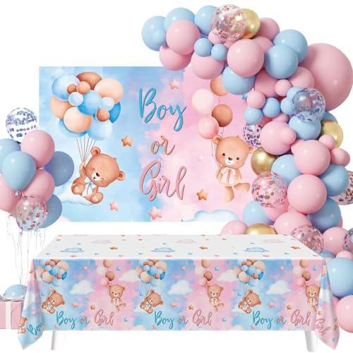 Gender Reveal Ballon Dekorationen Kit - Rosa und Blau Ballonbogen Girlande Kit, Teddybär Geschlecht Enthüllung Hintergrund und Tischdecke für Baby Geschlecht Enthüllung Party Supplies Geschlecht von Frigg