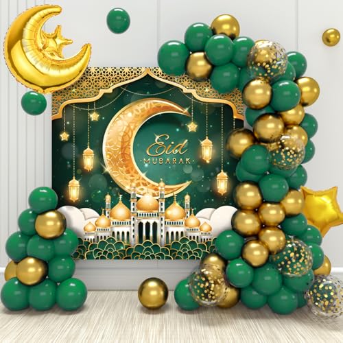 Grün und Gold Eid Mubarak Ballons Set, Eid Mubarak Dekoration - 70 Stück Grün Gold Ballons und 'Eid Mubarak' Hintergrund Banner, Ramadan ballons für Ramadan Dekoration 2025 und Eid Mubarak Feier von Frigg